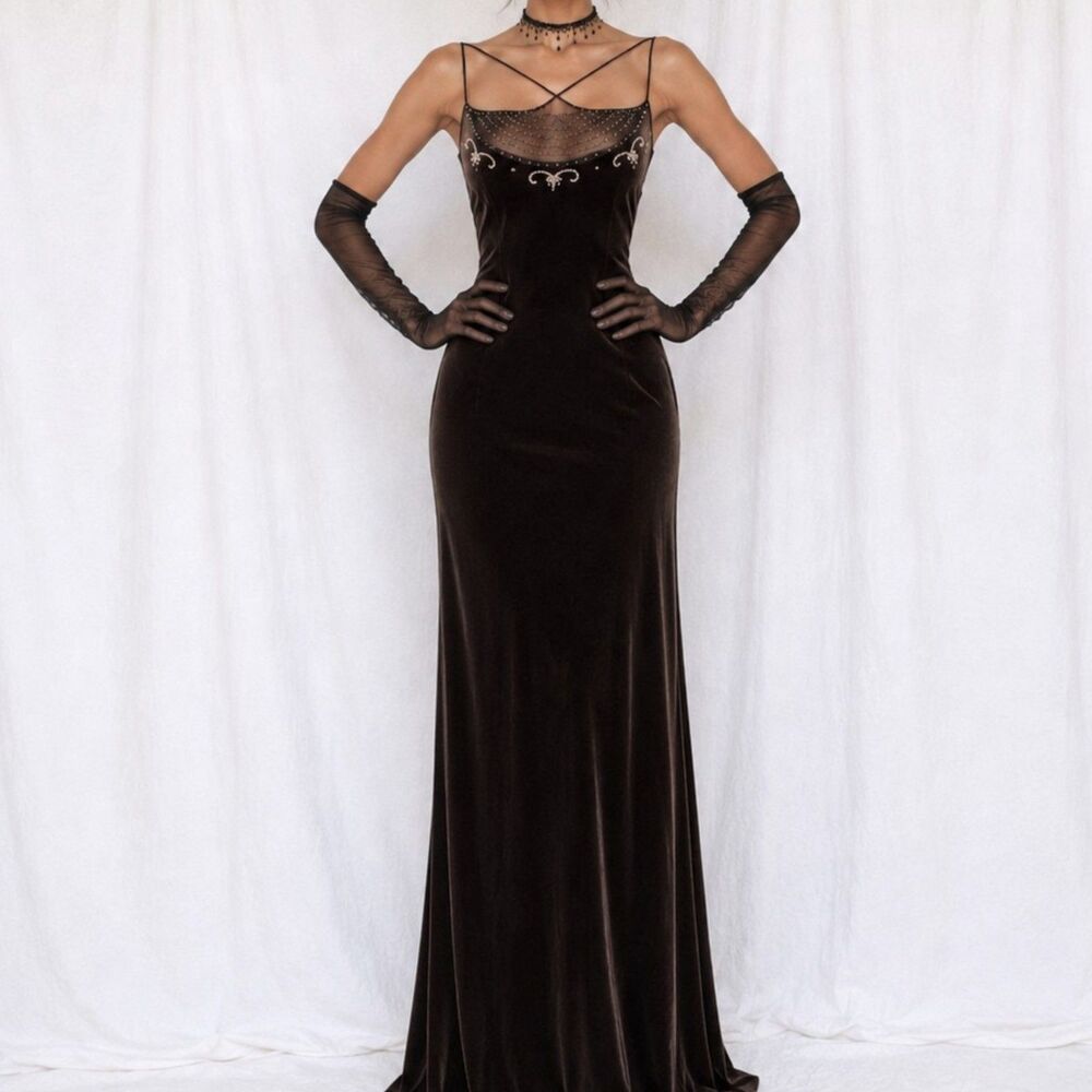 Vintage Y2K Brown Velvet Beaded Mesh Maxi Bodycon Formal Prom Dress Size L/XL